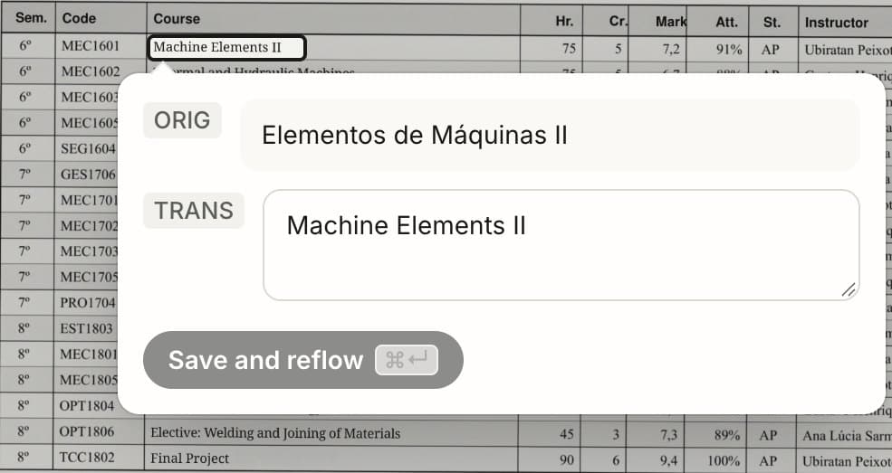 The online editor with one course title selected: the Portuguese original above, the English translation in an editable box below, and a button to save and reflow the page.