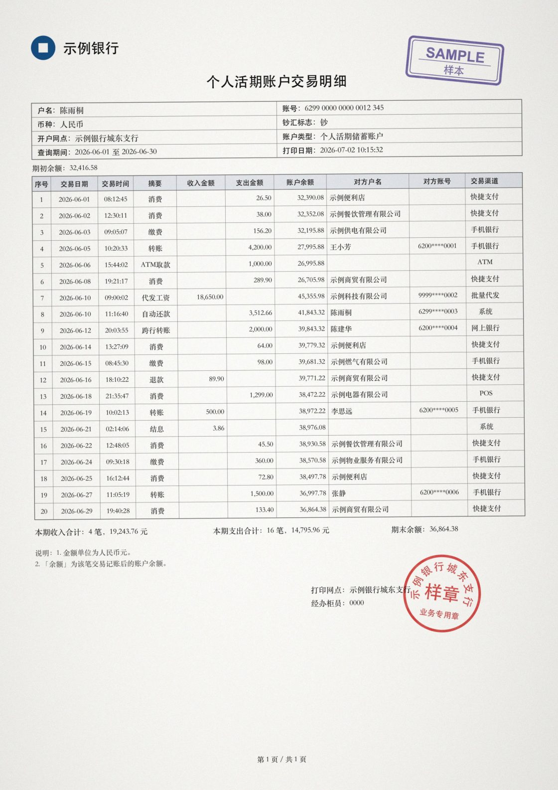 原件：中国的银行流水样本，简体中文，在线的下方。